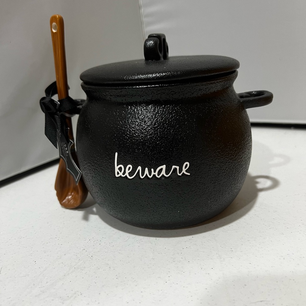 Rae Dunn Beware Halloween Potion Sugar Bowl Broom Spoon Canister Cauldron - Picture 2 of 10